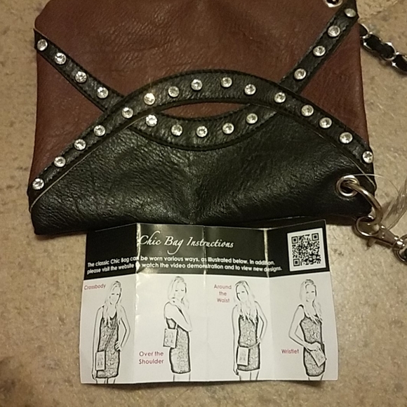 NWT Brown & Black Rhinestone Chain Strap Crossbody Adjustable Handbag - Picture 2 of 2